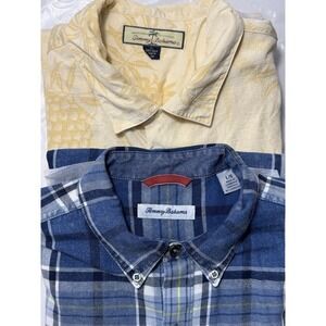 Tommy Bahama Silk Yellow Pineapples & Blue Denim-looking Plaid Shirt‎ Set SZ L